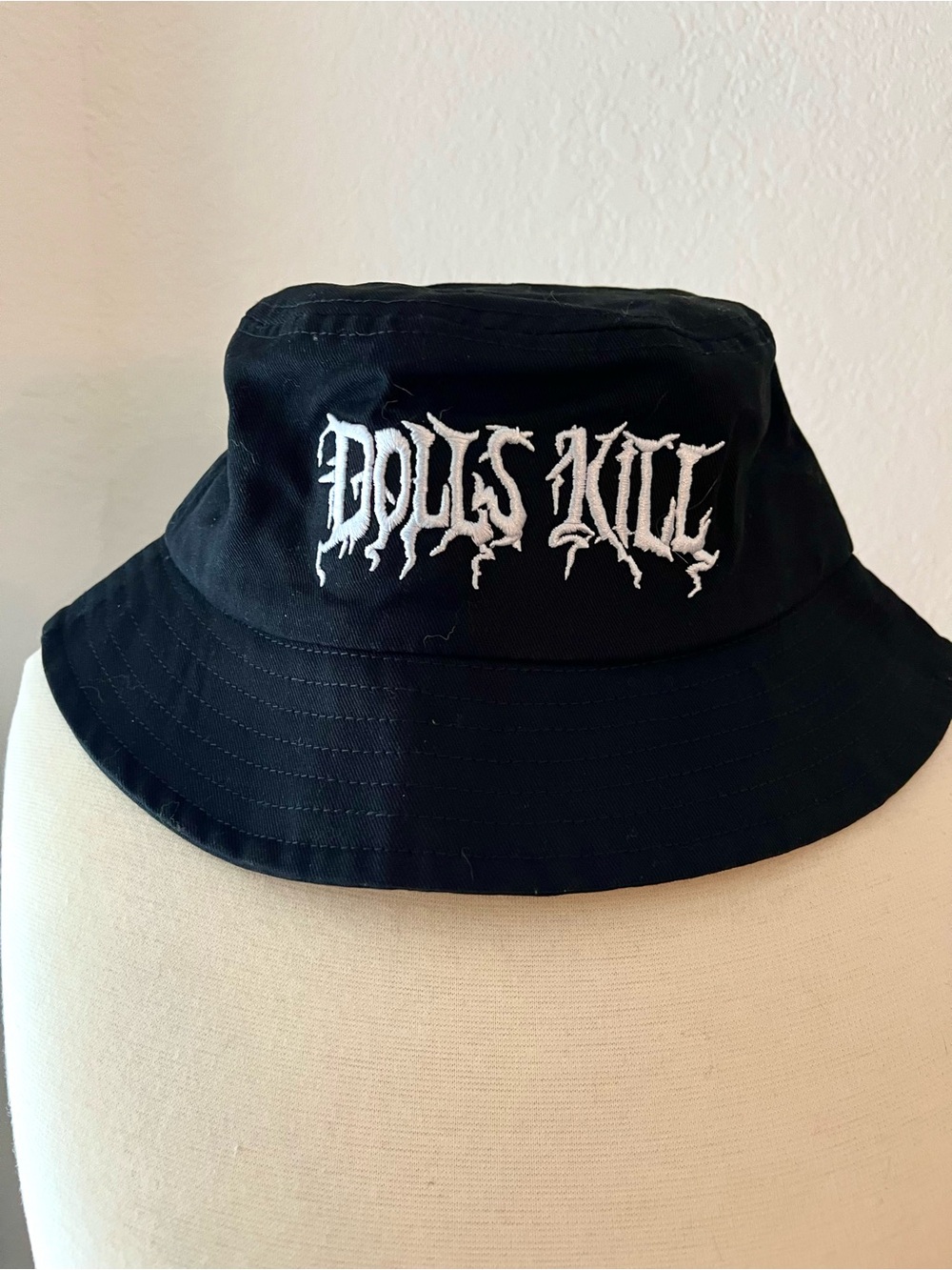Dolls Kill Black Bucket Hat with White Embroidered Logo